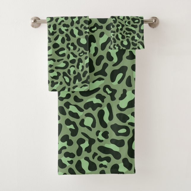 Olive Green Leopard Print Trendy Chic Bath Towel Set (Insitu)