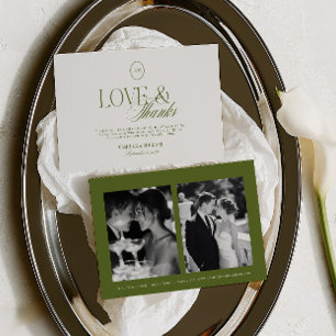 Olive Green Love & Thanks 2 Photo Wedding Thank You Card