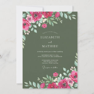 Olive Green Magenta Watercolor Floral Wedding Invitation