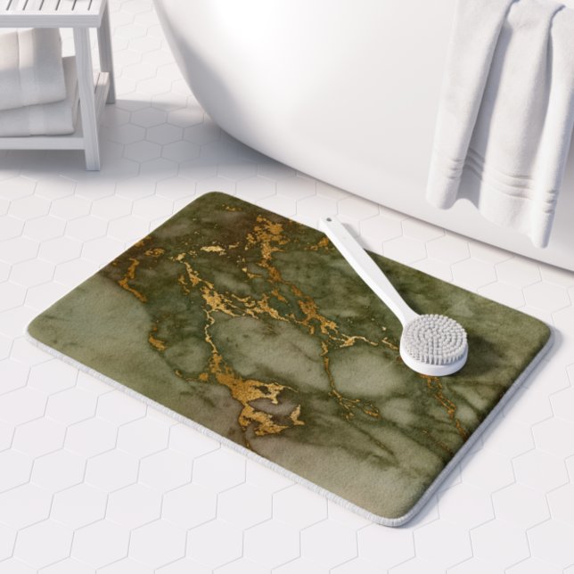 Olive Green Marble Faux Gold Foil Bath Mat (Creator Uploaded)