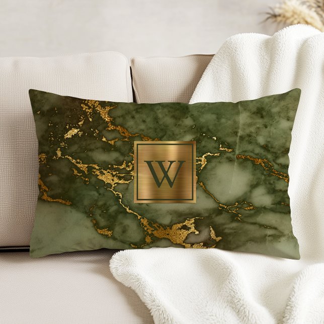 Olive Green Marble Faux Gold Foil Monogram Decorative Cushion (Creator Uploaded)