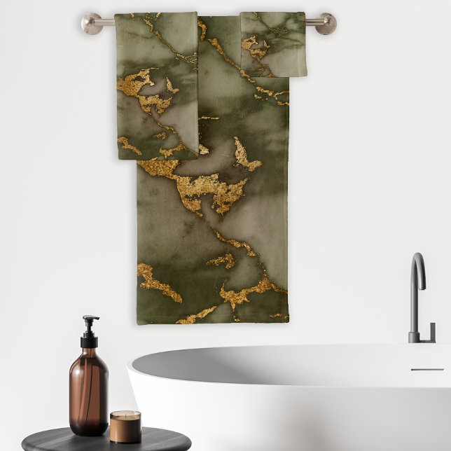 Olive Green Marble Gold Faux Foil Bath Towel Set (Creator Uploaded)