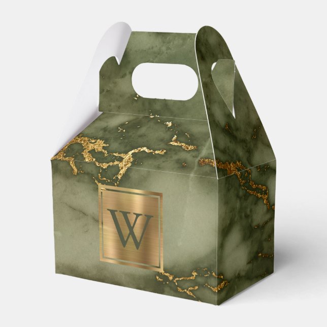 Olive Green Marble Gold Monogram Favour Box (Front Side)