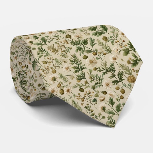 Olive Green Meadow Wildflower Personalised Wedding Tie (Rolled)
