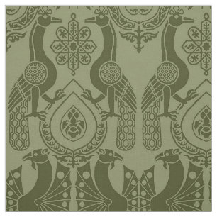 Olive Green Mediaeval Peacocks and Dragons Fabric