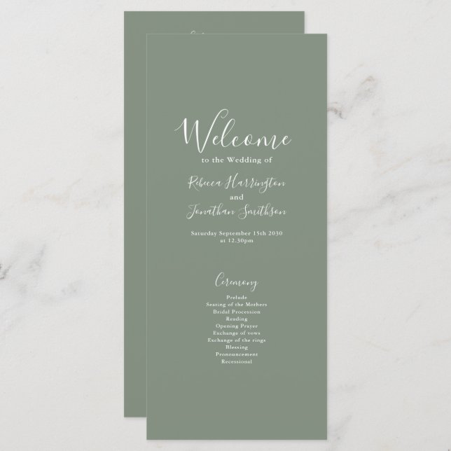 Olive Green Minimal Modern Wedding Program Card (Front/Back)