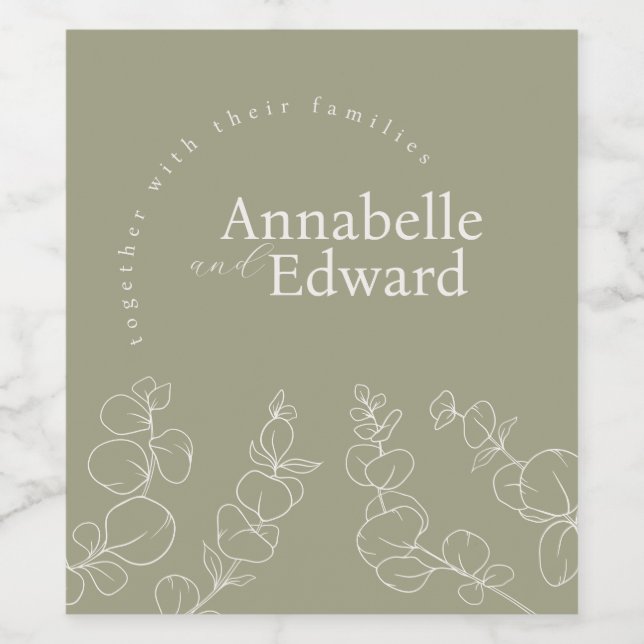 Olive Green Minimalist Botanical Wedding  Wine Label (Single Label)