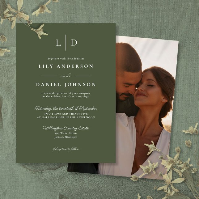 Olive Green Minimalist Monogram Photo Wedding Invitation (Creator Uploaded)