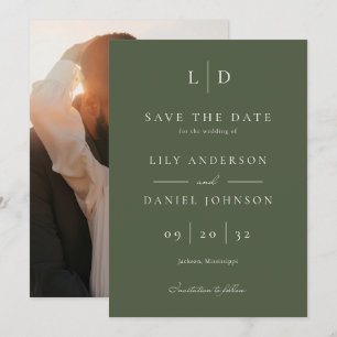 Olive Green Minimalist Monogram Photo Wedding Save The Date