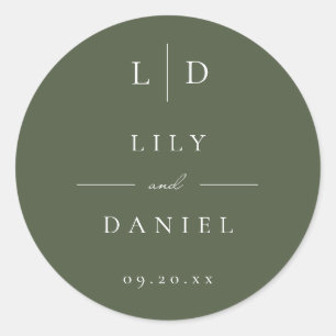 Olive Green Minimalist Monogram Wedding Favour Classic Round Sticker