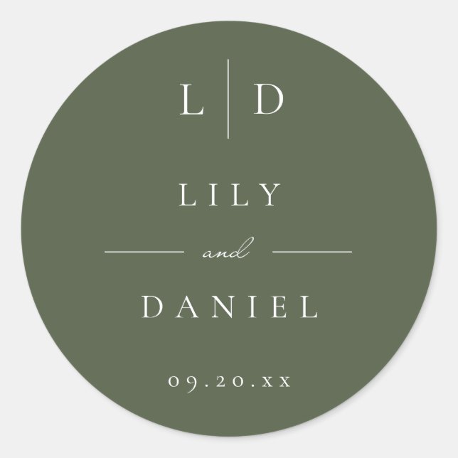 Olive Green Minimalist Monogram Wedding Favour Classic Round Sticker (Front)