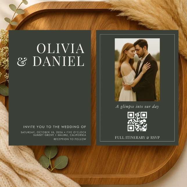 Olive Green Minimalist Photo QR Code Wedding Invitation (Creator Uploaded)