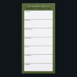 Olive Green Minimalist Simple Family Meal Planning Magnetic Notepad<br><div class="desc">Write your dinners on this magnetic note pad for an easy way to plan out the week's meals and stick it up on your fridge, pantry door or command centre. The simple, modern layout in earth olive green, black and white with sans serif fonts will appeal to every visually organised...</div>