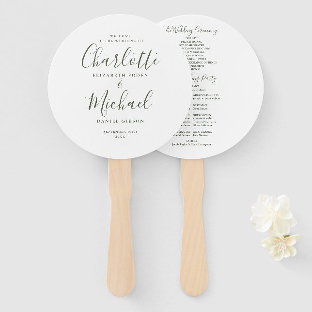 Olive Green Minimalist Wedding Program Hand Fan (Front and Back)
