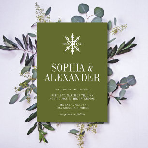 Olive Green Minimalist Winter Snowflake Wedding Invitation