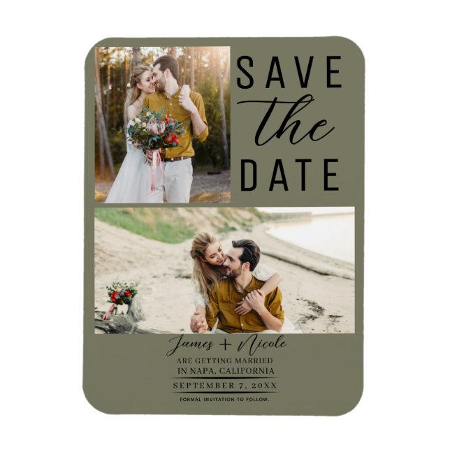 Olive Green Modern 2 Photos Save the Date Wedding Magnet (Vertical)