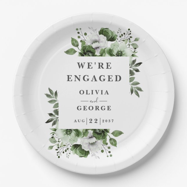 Olive Green Modern Country Floral Engagement Party Paper Plate (Front)