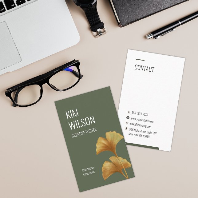 Olive Green Modern Minimalist Golden Ginkgo Business Card (Creator Uploaded)