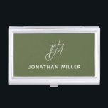 Olive Green Modern Minimalist Monogram Business Card Holder<br><div class="desc">Keep your business cards organised and stylish with this olive green modern minimalist business card case. The design features a monogram in grey, adding a personal touch to your professional look. This case is perfect for carrying in your bag or briefcase, and makes a great gift for colleagues and clients....</div>