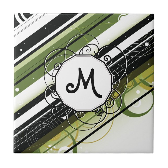 Olive Green Modern-Retro Stripes with Monogram Tile (Front)