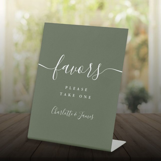 Olive Green Modern Script Wedding Favours Table Pedestal Sign (Olive Green Modern Script Wedding Favors Table Pedestal Sign)