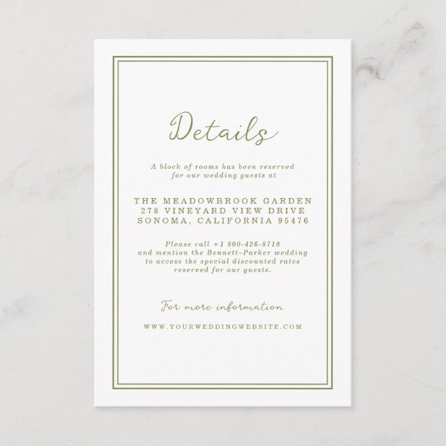 Olive Green Modern Wedding Details Card (Front)