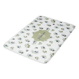 Olive Green Monogram Name Watercolor Chic Pattern Bath Mat