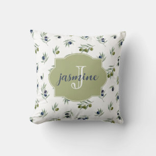 Olive Green Monogram Name Watercolor Chic Pattern Cushion