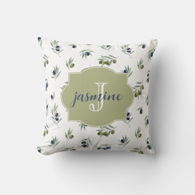 Olive Green Monogram Name Watercolor Chic Pattern Cushion (Front)