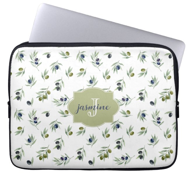 Olive Green Monogram Name Watercolor Chic Pattern Laptop Sleeve (Front)