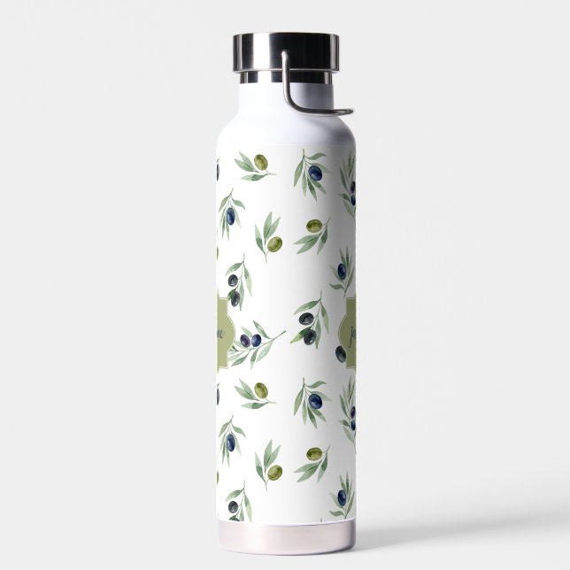 Olive Green Monogram Name Watercolor Chic Pattern Water Bottle (Left)