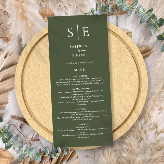 Olive Green Monogram Wedding Dinner Menu (Olive Green Monogram Wedding Dinner Menu)