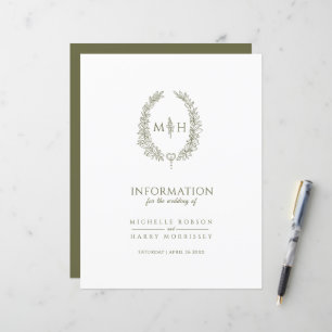 Olive green monogram wedding guest information