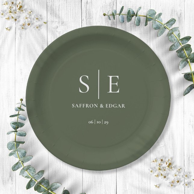 Olive Green Monogram Wedding Paper Plate (Olive Green Monogram Wedding Paper Plates)