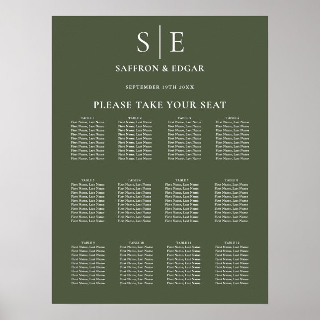Olive Green Monogram Wedding Seating Chart (Front)