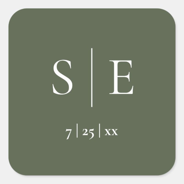 Olive Green Monogram Wedding Square Sticker (Front)