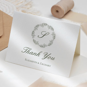 Olive Green Monogram Wreath Wedding Thank You Card