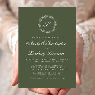 Olive Green Monogram Wreath White Script Wedding Invitation