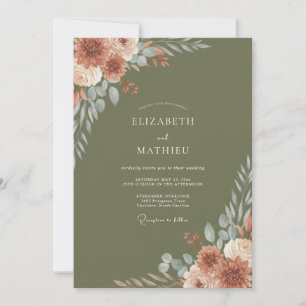 Olive Green Moody Autumnal Wedding Invitation