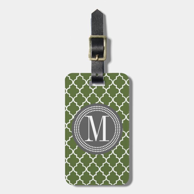 Olive Green Moroccan Lattice Personalised Luggage Tag (Front Vertical)