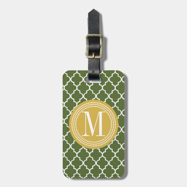 Olive Green Moroccan Lattice Personalised Luggage Tag (Front Vertical)