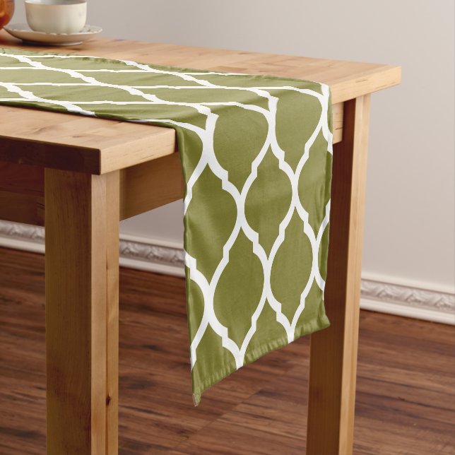 Olive Green Moroccan Quatrefoil Short Table Runner (In Situ)