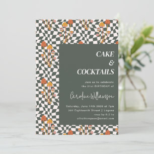Olive Green Mushroom Wavy Chequered 21st Birthday Invitation