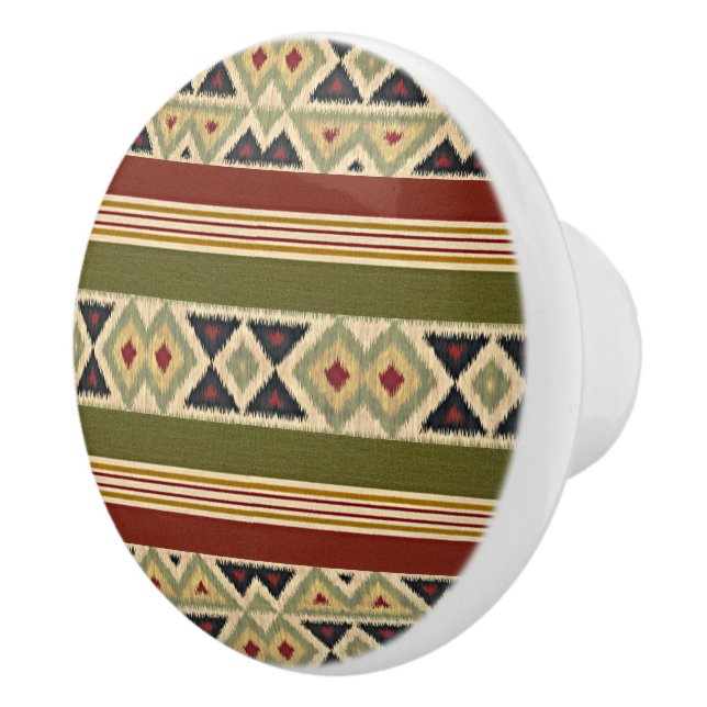 Olive Green Mustard Ochre Yellow Tribal Ikat Art Ceramic Knob (Right)