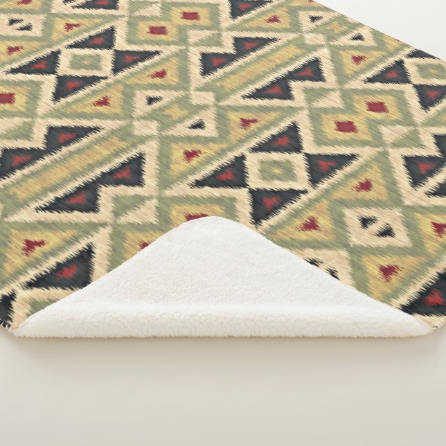 Olive Green Mustard Ochre Yellow Tribal Ikat Art Sherpa Blanket (3/4)