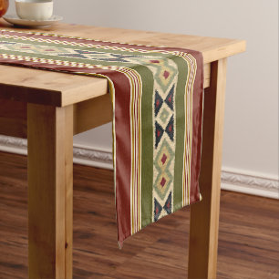 Olive Green Mustard Ochre Yellow Tribal Ikat Art Short Table Runner