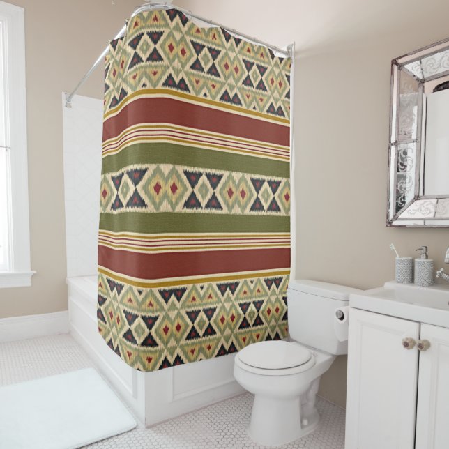 Olive Green Mustard Ochre Yellow Tribal Ikat Art Shower Curtain (In Situ)