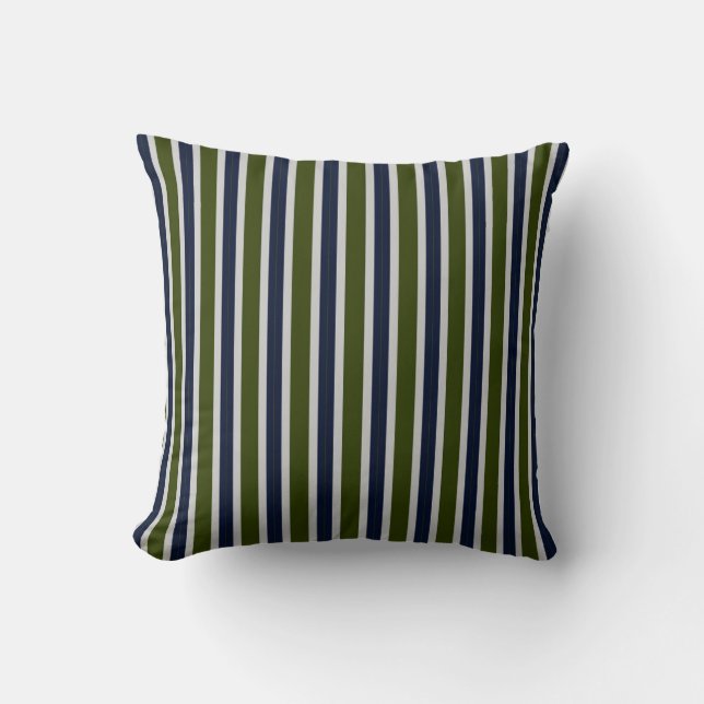 Olive Green, Navy & Gray Classic Vertical Stripes Cushion (Front)