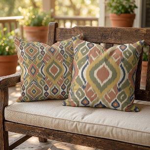 Olive Green Ochre Terracotta Ikat Tribal Art Cushion