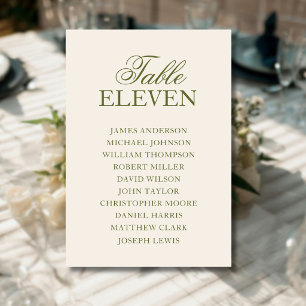 Olive Green Old Money Clean Wedding Seating Chart Table Number